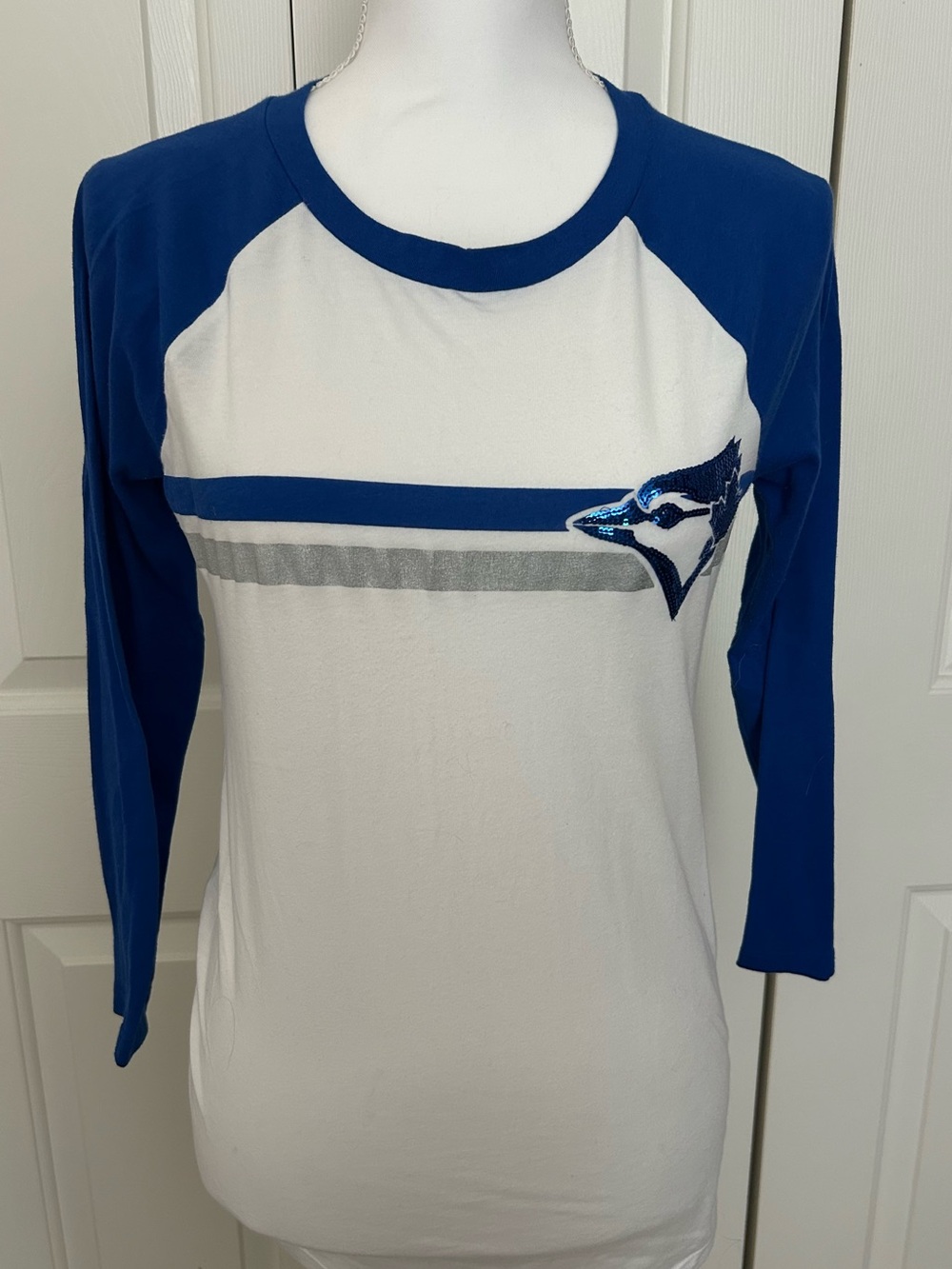 PINK Victoria's Secret White Raglan Long-Sleeve Top with Blue Sleeves